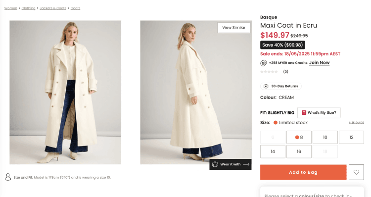 Myer: Basque Maxi Coat in Ecru- Was $249.95, now $149.97